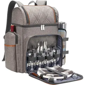 4-person picnic backpack, picnic basket set, leak-proof picnic bag, beach cooler backpack with insulated wine bag, picnic blanket, double-layer picnic backpack, suitable for beach, camping, park