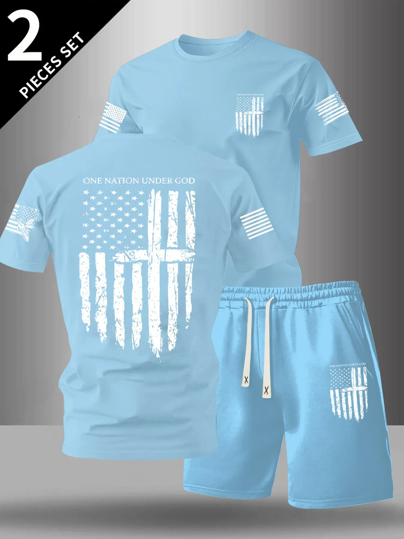 Men's Classic Flag Series Graphic Print Round Neck Short Sleeve Casual T-Shirt + Waist Drawstring Shorts Set, Spring & Fall Outdoor Leisure 2-Piece Athletic Activewear, Menswear