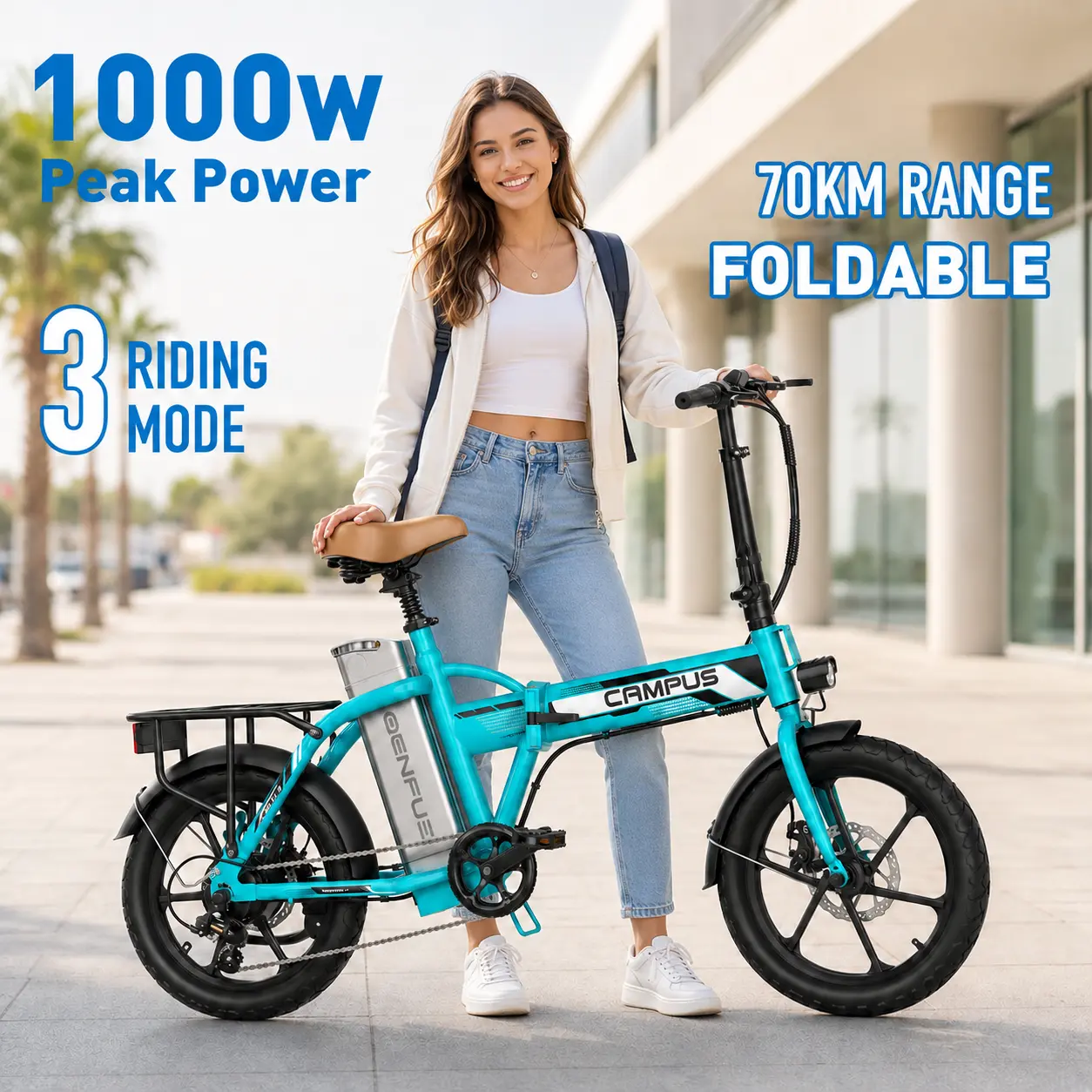 Adult Folding Electric Commuter Bike for Urban Mobility - 1000W Peak Power Motor, Up to 20 MPH, 40 Mi Pedal Assist Range, 16x2.5 Tires, 3 Riding Modes, Compact for City & Campus Daily Travel