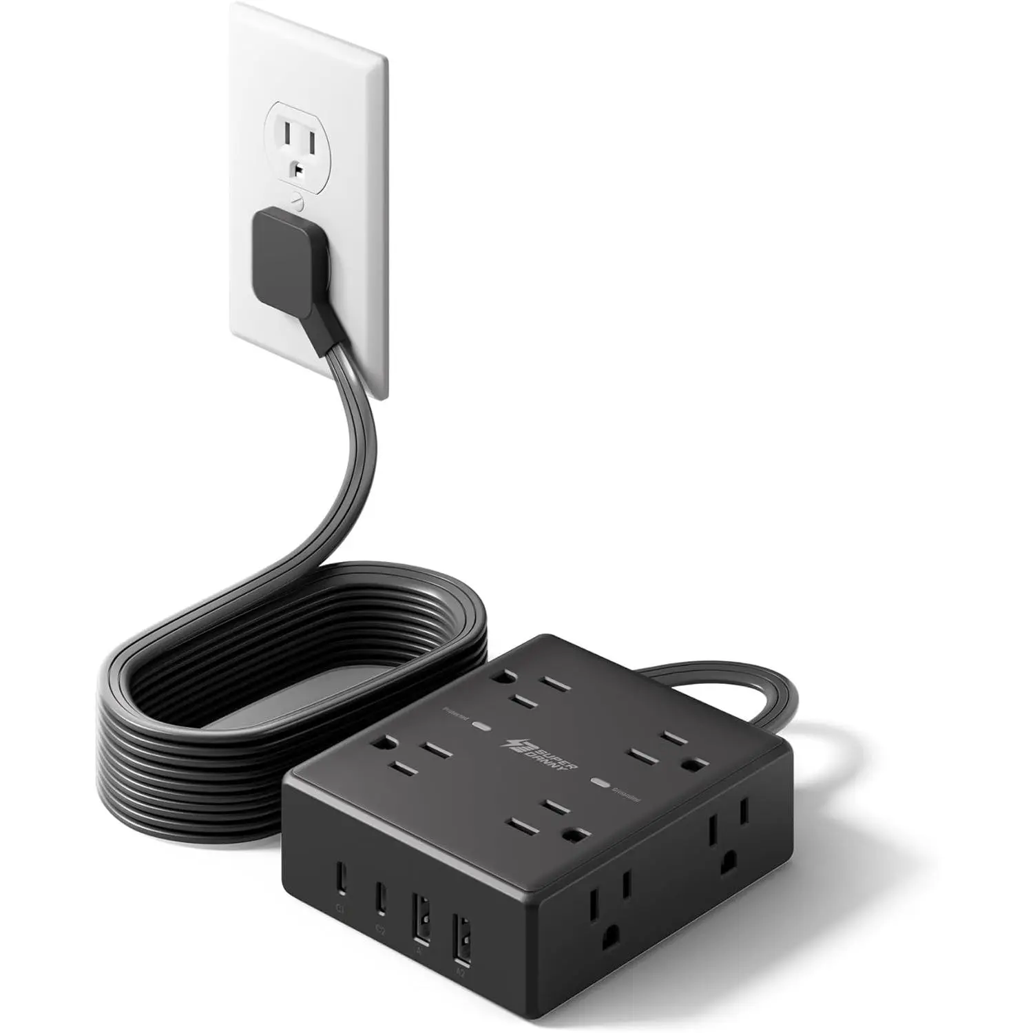 10Ft Extension Cord with Multiple Outlets, Flat Plug Power Strip Surge Protector with 10 Ft Long Cord, 8 Outlet 4 USB Ports (2 USB C), Multi Outlet Wall Plug for Office, College, Dorm Room Essentials
