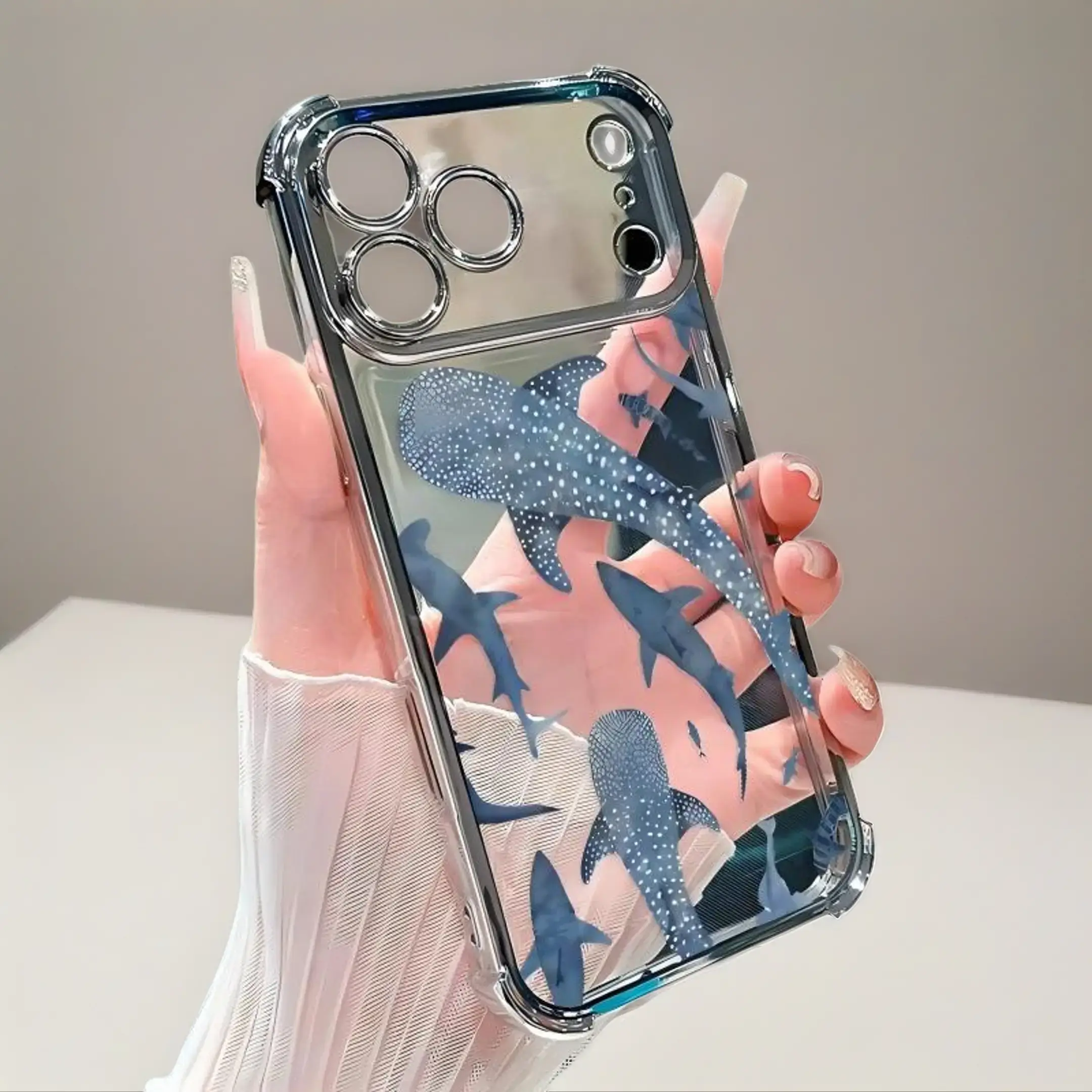 Whale Shark Transparent Electroplated 4-Corner Shockproof Drop-Proof Durable Phone Case - Protective Casing Accessories for iPhone 17,16 Pro Max,15 Plus,14,13,12,11,Air