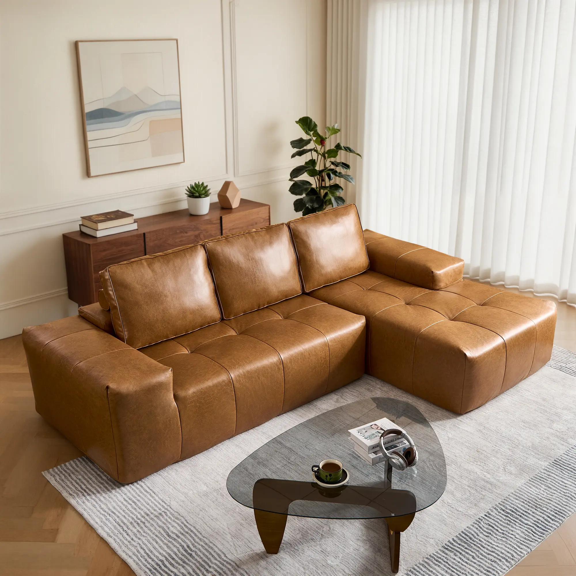 Weaxty Premium Oil Wax L-Shaped Sectional Couch with Ottoman, Removeable Sofa Set with Wider Armrest for Living Room, No Assembly Needed, Boneless Design Waterproof