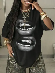 Casual Minimalist Street Style Black Lip Print Round Neck Short Sleeve Loose T-Shirt For Women, Suitable For Spring/Summer