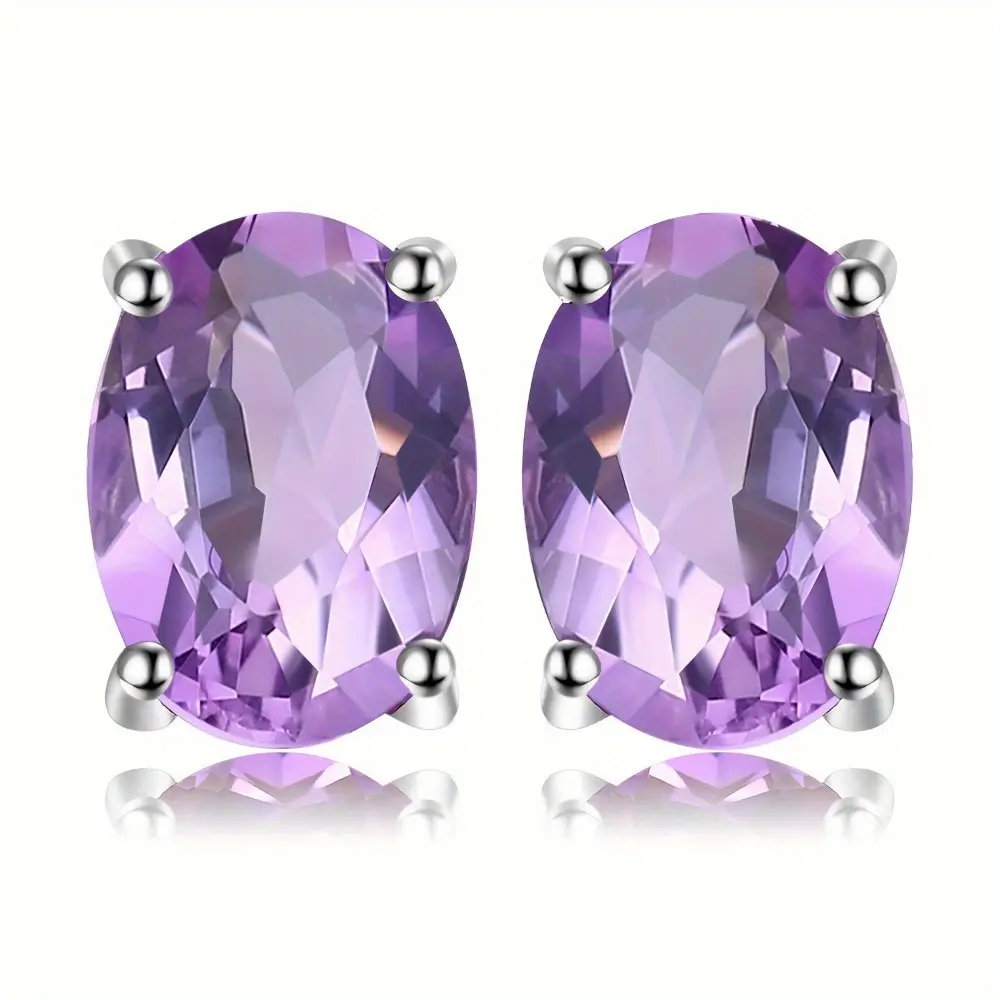 EJG 925 Sterling Silver Hypoallergenic Female Faceted Oval Purple Crystal Thick Stud Earrings - 4-Precision Prongs, Daily Elegant Wear, Wedding Party Gift, Stud Earrings Jewelry, Thick Studs