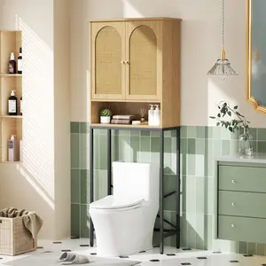 Vabches Rattan Toilet Storage Cabinet, Over the Rack Wood Cabinet with Metal Stand, Bathroom Organizer with Adjustable Shelf, Tall Freestanding Washer Shelf, Small Cupboard, Space Saver, Natural style Apartment Furniture