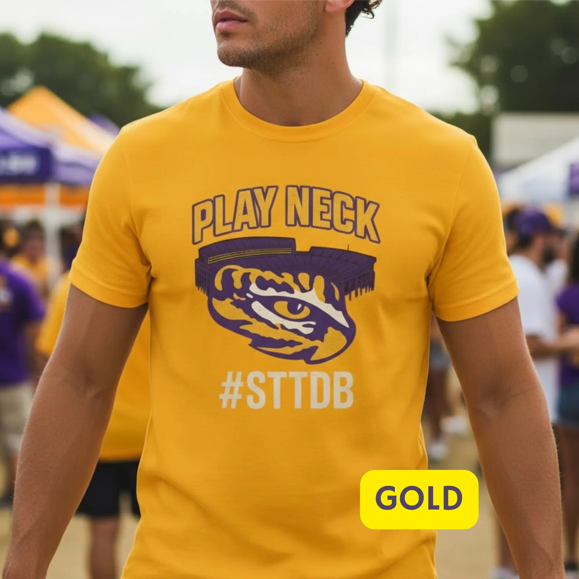 Play Neck LSU Eye of the Tiger T-Shirt #STTDB Gold Purple Menswear Casual Streetwear Tee Top for Football Fans