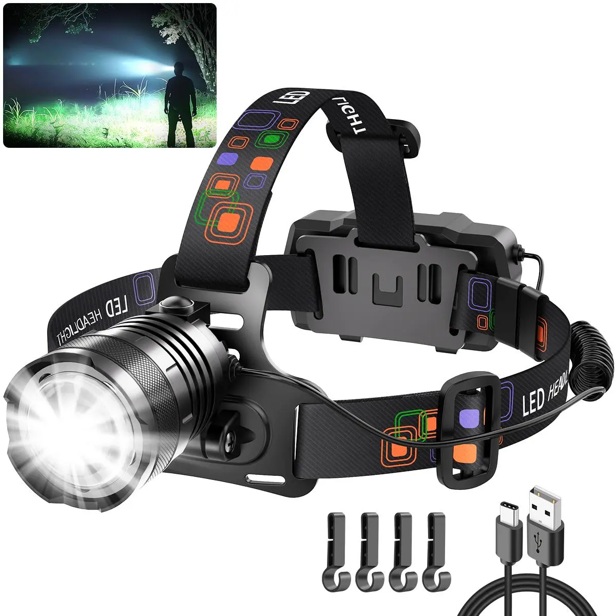 Rechargeable LED Headlamp, High Lumens Super Bright Head Light with Adjustable Focus, 90° Adjustable Beam, 4 Lighting Modes, Hands-Free Headlamp for Camping, Hiking, Fishing, Running, DIY Work & Emergency