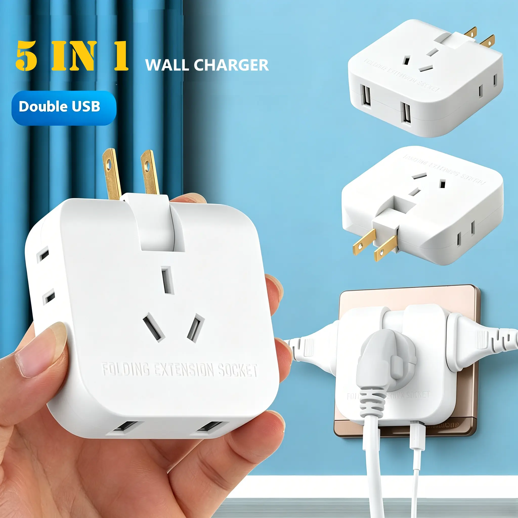 Multi Plug Outlet Extender Wall Outlet Travel Plug Adapter Surge Protector 2500W, 3-Sided 5 Adapter-Spaced Outlets 180° Rotate Plug Flat Pin Plug Outlet, 2 USB Ports (USB-C Fast Charging), ETL-Certified Extender Multifunctional