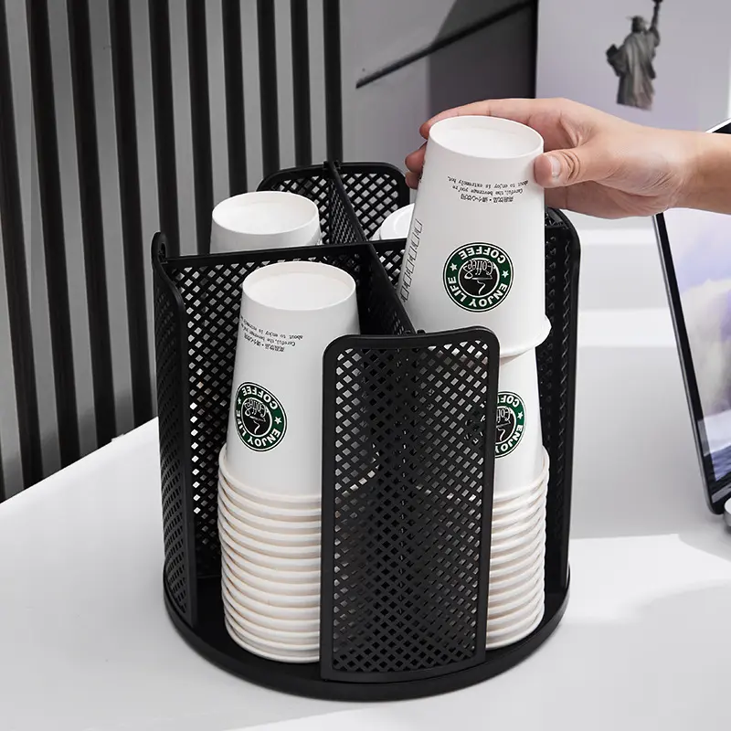 Rotating Coffee Cup Dispenser with 4 Compartments, 5-16oz Cup Holder Rack, Ideal for Restaurant, Cafe, Bar, Office, Home Storage Organizer, Container, Bathroom Organizer Supplies, Bathroom Accessory