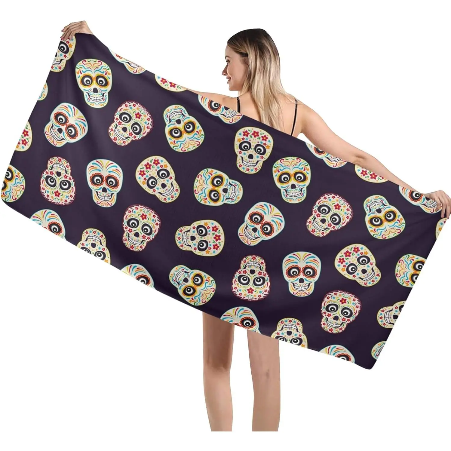 Mexican Sugar Skull on Black Beach Towel, 29" x 58" Oversized Quick Dry Pool Towels for Women, Lightweight Absorbent Sandproof Beach Towel for Travel Swim Yoga Gym Camping