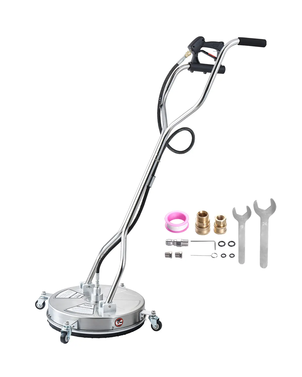 【SummerFinds】VEVOR 18-in High Water Pressure Washer Surface Cleaner, Stainless Steel Attachment with 4 Wheels, 4000 Max PSI, 3/8-inch Quick Connect, 2 Spray Nozzles, Dual Rotating Handles, 1/4-in Adapter Kit, 4 Gal/min, for Concrete, Sidewalk Cleaning