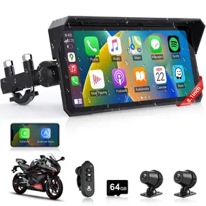 8.1 Inch 4K Motorcycle CarPlay Screen w 4K Dash Cam Wireless Carplay Android Auto Screen for Motorcycle with Touchscreen GPS Navigation Voice Control WiFi Video Transmission Dual Bluetooth IPX7 Waterproof TF-64G