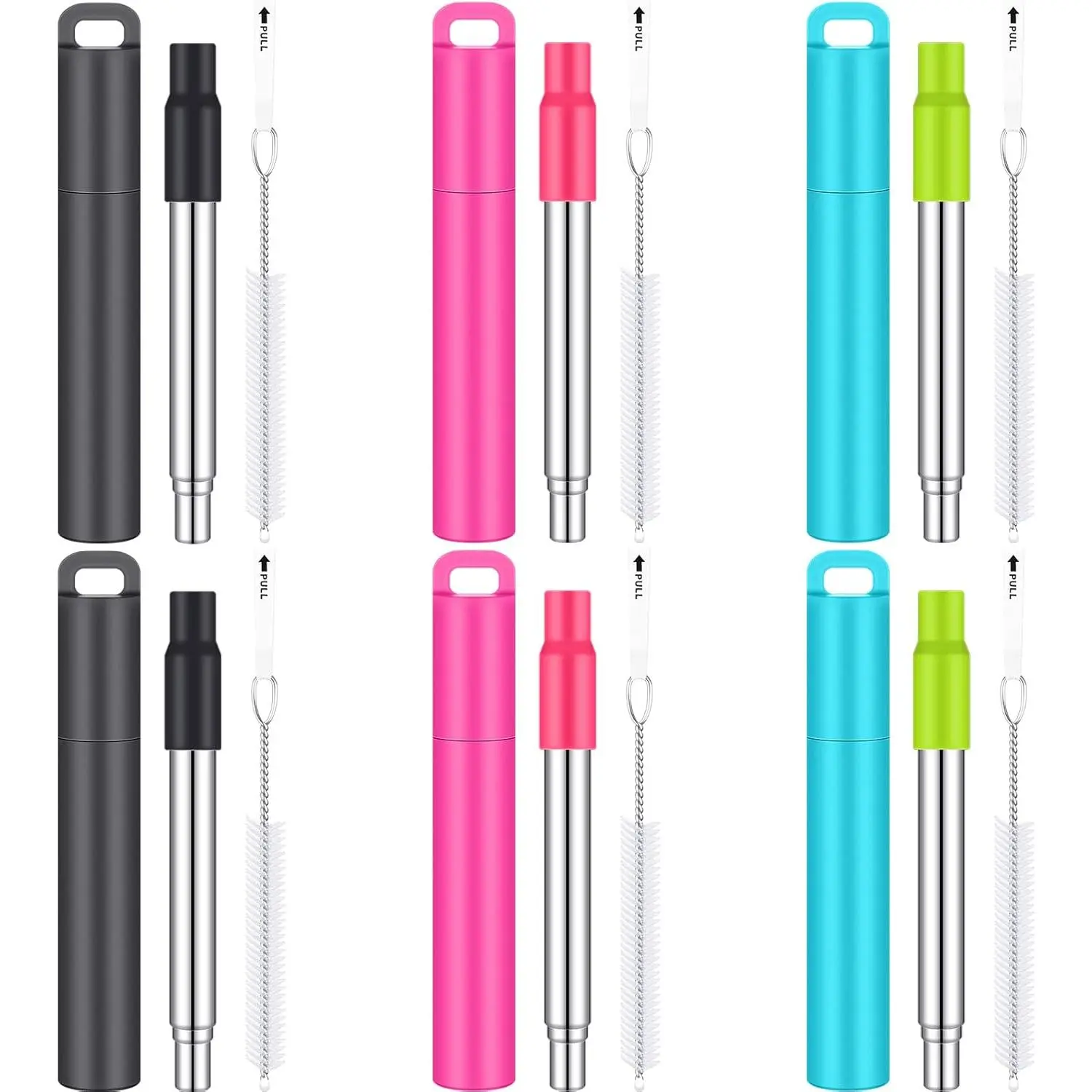 6 Pack Metal  Straw Drinking Collapsible Foldable Stainless Steel Straw with Plastic Case  Tip and Cleaning Brush Long Telescopic Portable Travel Work