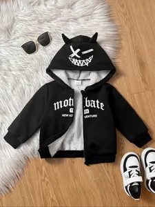 Newborn Baby Boy Hooded Fleece Jacket, Devil Horns Zipper Sweatshirt, Warm Printed Top, Inner Plush Lock Temperature, Easy Wear