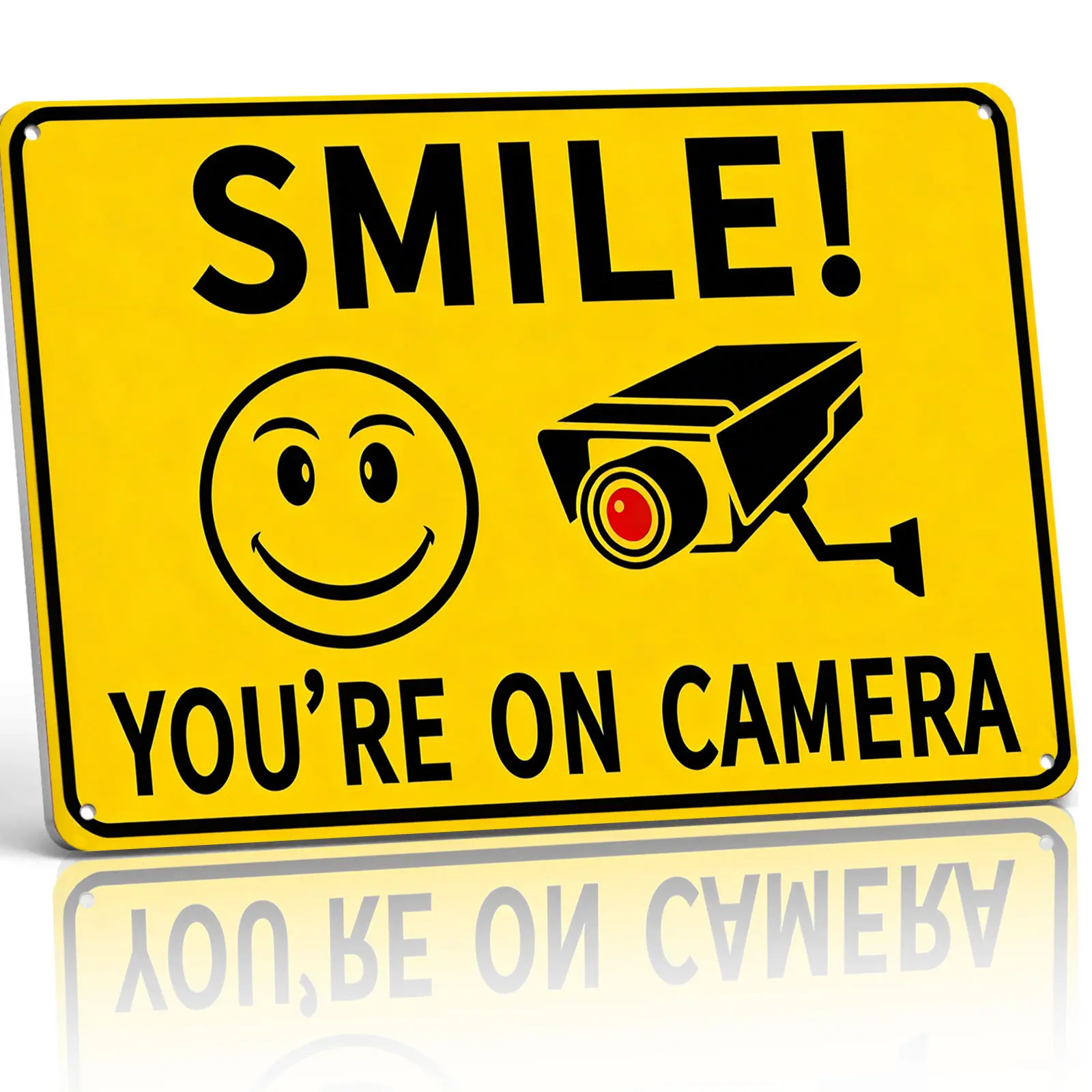 8x12 Inches Rectangle Aluminium "Smile! You're On Camera" Metal Sign - Playful Yellow Daily Home Decor, Smiley Face & Camera Design, High-Visibility Rustproof Plaque, Humorous Trespass Deterrent for Home Use