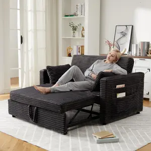 Dark Grey Loveseat Sleeper Sofa Bed, 55'' Pull Out Bed with Adjustable Backrest, Charging Station and Side Pockets, Corduroy Couches for Living Room, Bedroom and Apartment