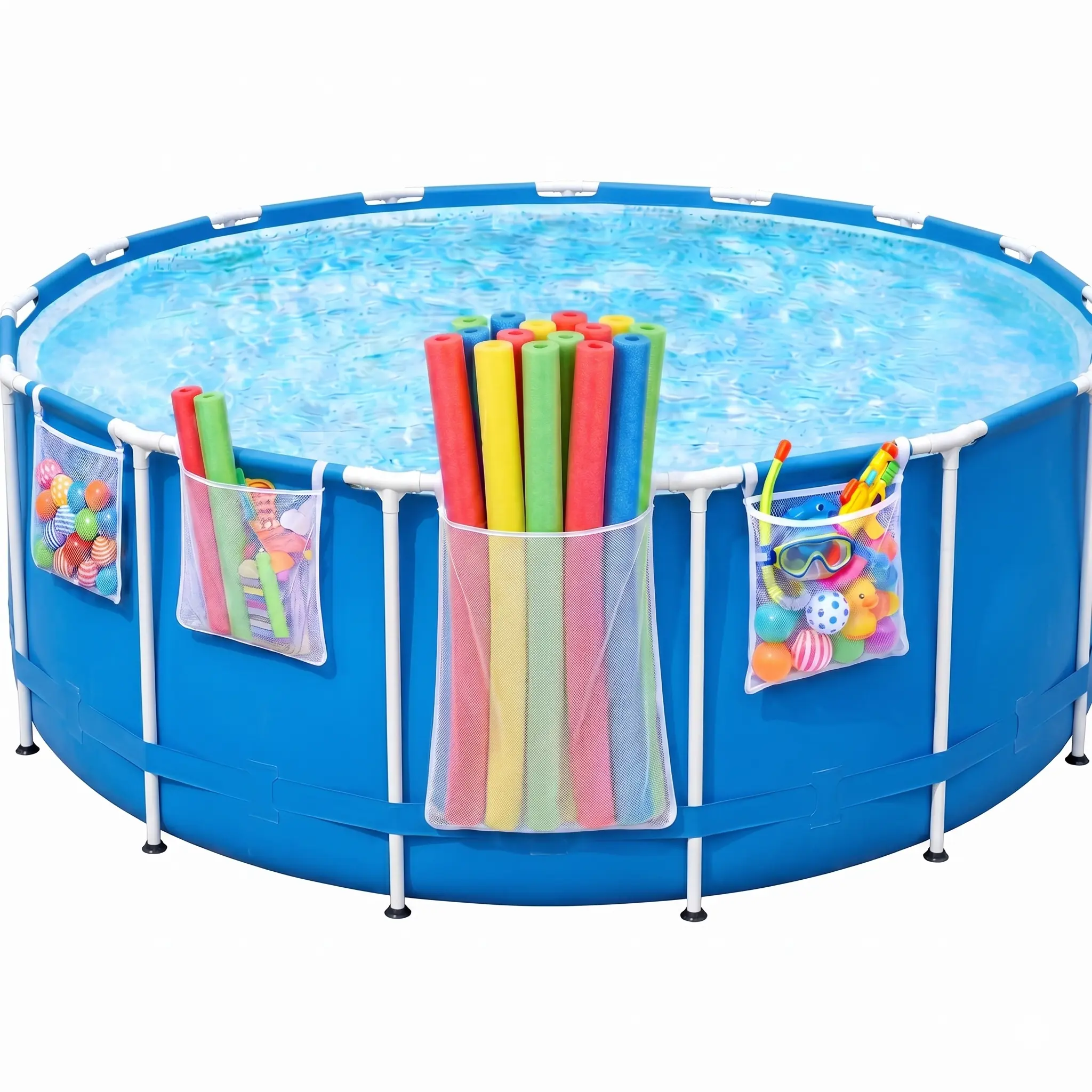 WANCHEL 4-Pack Sporty Mesh Storage Organisers - 1-Second Patented Install, Adjustable Straps, Above Ground Hexagonal Mesh - Swimming Pool Accessories, Above Pool Accessories for Foam Noodles, Toys, Pool Floats