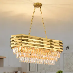 Modern Crystal Chandelier, Adjustable Gold Crystal Kitchen Island Chandelier, Oval Gold Crystal 31.4-Inch E12 Crystal Chandelier for Dining Room/Living Room