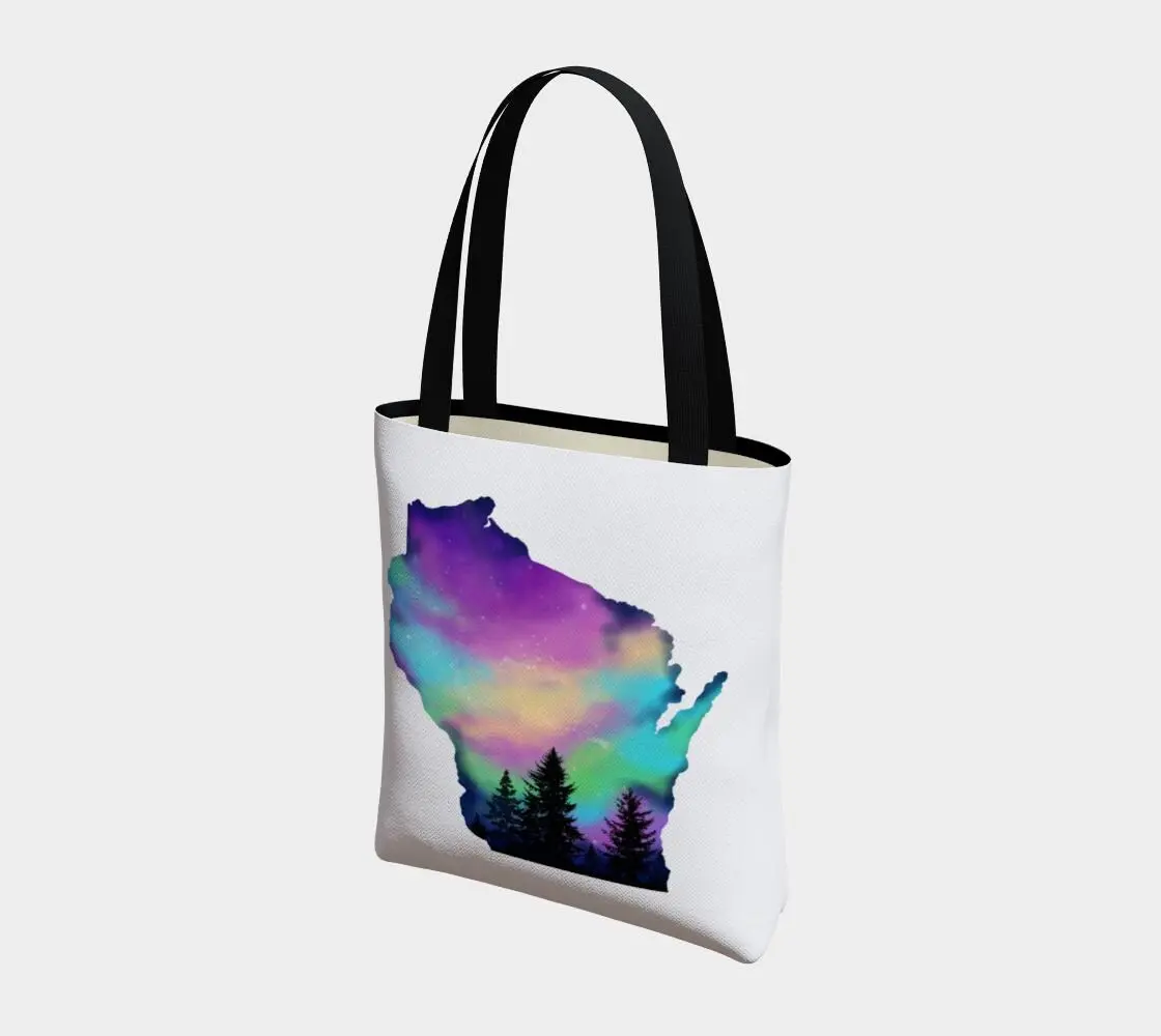 Northern Lights Wisconsin Outline Tote Bag | Hand-Drawn Aurora Borealis Design