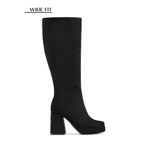 Hudson Wide Fit Platform Block Heel Boots - Black Suede