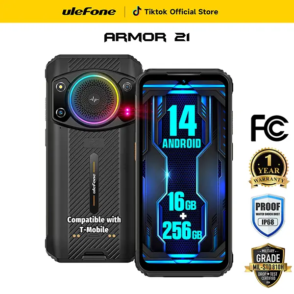 Ulefone Armor 21 Unlocked Rugged Phone,122dB Loudest Speaker，6.58" FHD+,MTK G99 16GB RAM+256GB ROM，Android 14 ,64MP Main Cam + 24MP Night Vision Cam,  9600mAh, IP68 Dual SIM，IR Blaster/NFC/Dock Charging，4G LTE Outdoor Smartphone-Black