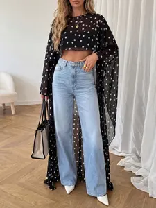 Women Black Polka Dot Sheer Chiffon Kimono Cover Up Oversized Batwing Sleeve Beach Cardigan Lightweight See Through Long Cape Shawl Summer Vacation Outfit Resort Wear Layering Top Swimsuit Cover Up, Beachwear Cover Up