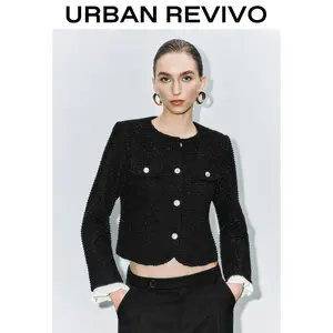 URBAN REVIVO Women's Fitted Longsleeves Round Neck Button-Up Tweed Denim Jacket UWM840098 - 2025 Minimalist Casual Coat for Lady OOTD, Women's Clothes Outerwear