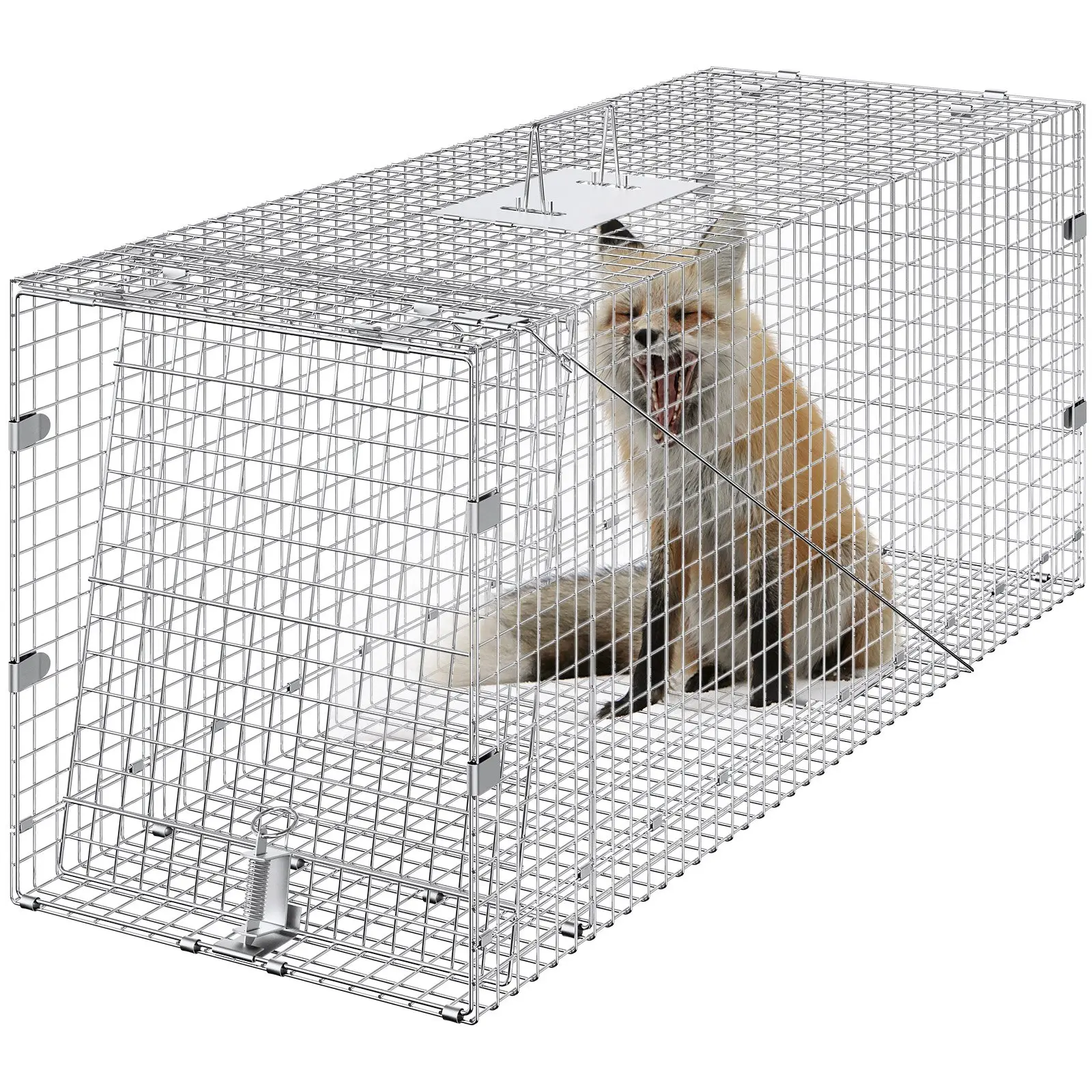 VEVOR Live Animal Cage Trap, 42x 16x 18 Humane Cat Trap Galvanized Iron, Folding Animal Trap with Handle for Stray Dogs, Armadillos, Raccoons, Marmots, Foxes