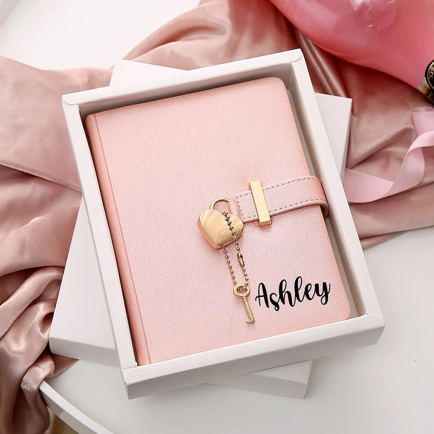 Personalized Heart Shaped Lock Diary with Key | Customize With Name | PU Leather Cover Journal | Personal Organizers Secret Notebook for Girls & Women | B6 Size 5.3x7inch Diary with Rose Gold Metal