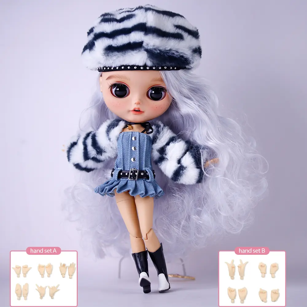 ICY DBS Blyth Doll 1/6 BJD Silver Curly Hair Customized Hand Carved Eyebrows Lips and Face Hand Drawn Makeup Doll with Zebra Hat and Skirt