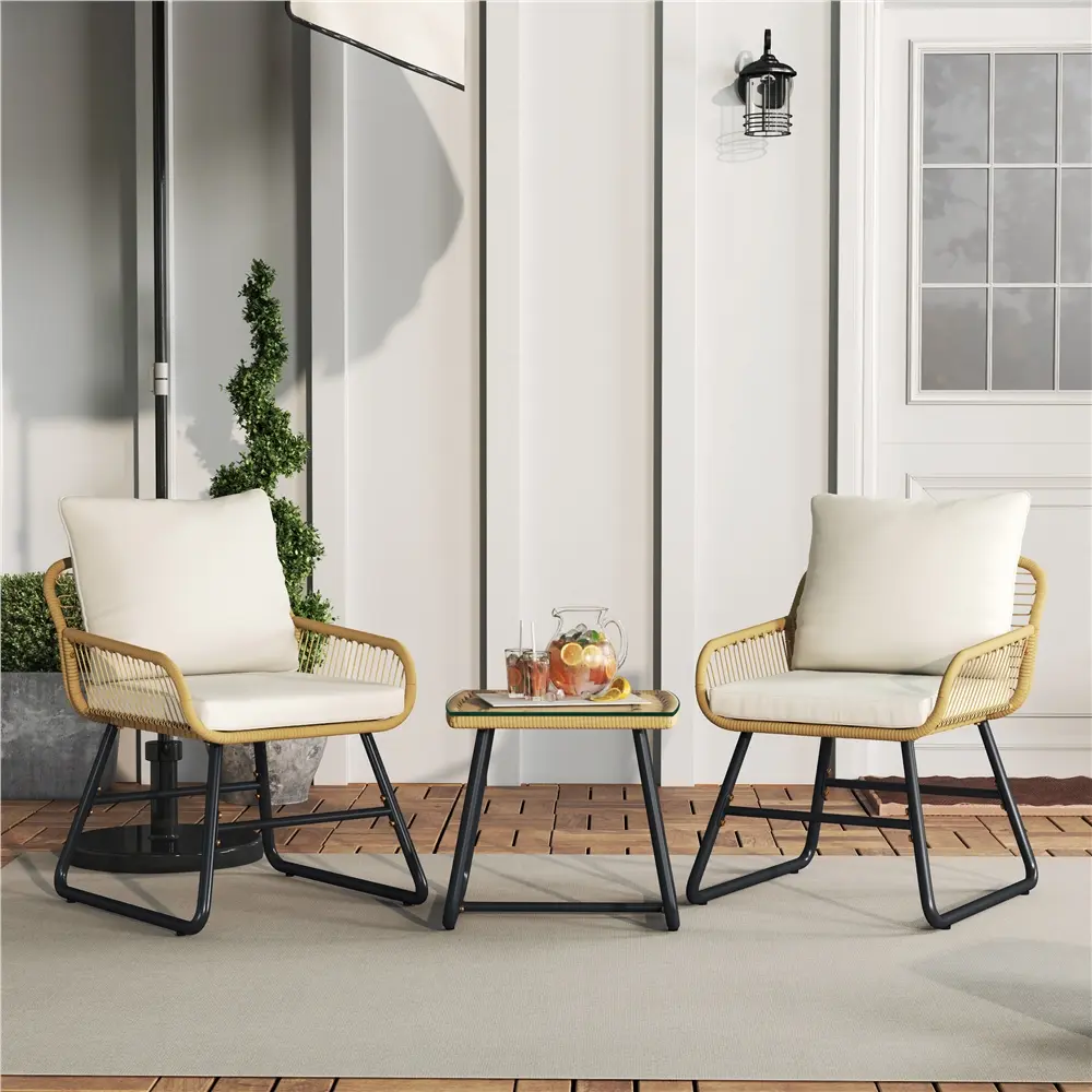 Yaheetech 3-Piece Patio Bistro Set, Outdoor Wicker Rattan Boho Coffee Table & 2 Chairs with Cushions & Pillows for Balcony, Porch, Backyard, Garden Furniture Sets, Patio Conversation Set