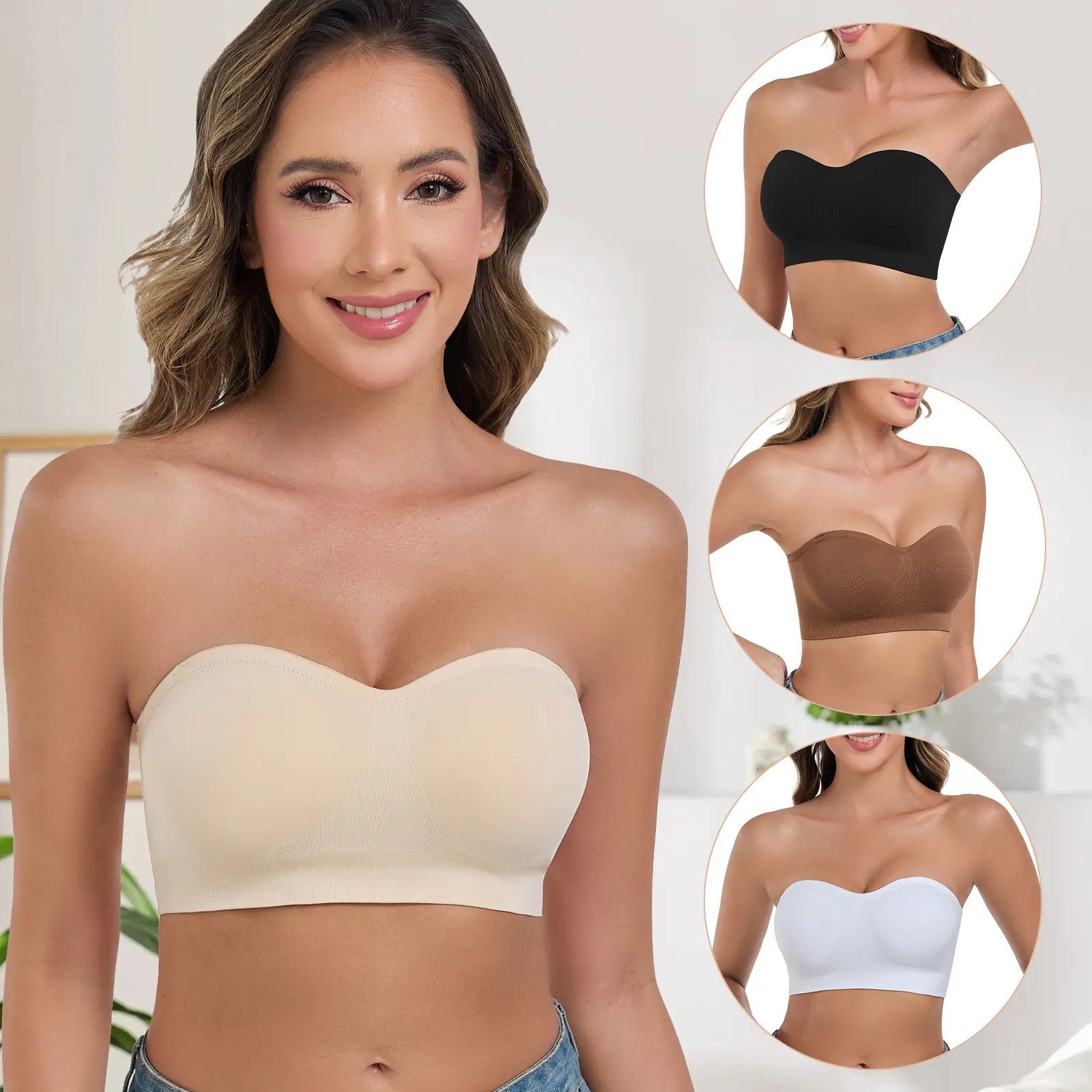 Lusait Women's Essential Strapless Wire-Free Bandeau Bra - Comfy Stretch, Non-Slip, Seamless, Breathable Fabric, Silicone-Lined, Halter-Convertible, Backless Underwear for Day, Yoga, Everyday Evening Use, Push-Up Bralette