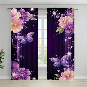 2 pieces, Home textile, butterfly and floral pattern printed curtains, purple and pink flowers and sparkling stars, pole pocket style, semi sunshade, suitable for home living room, bedroom, balcony, kitchen, study decoration, easy to clean