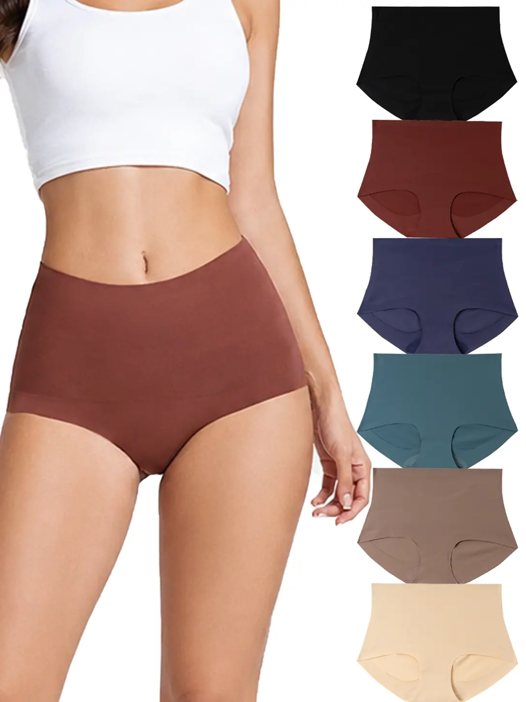 Women's 6-Pack Seamless High-Waist Briefs, Plain Stretch Shaping Underwear for Women, Breathable Full Coverage No-Show Panties