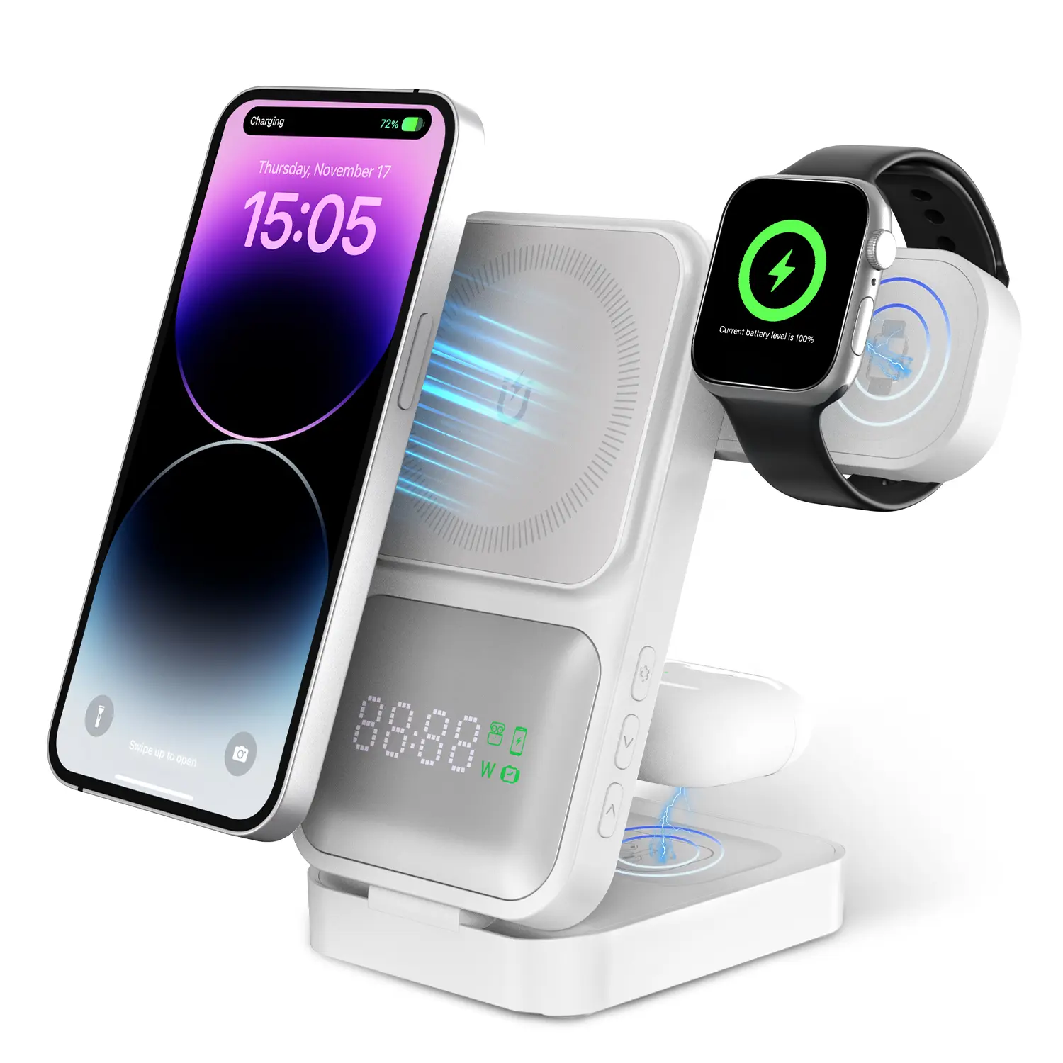 3-in-1 Magnetic Wireless Charger Stand, Foldable Fast Charging Station for iPhone 16 15 14 13 12, Apple Watch, AirPods – Portable Travel Charger