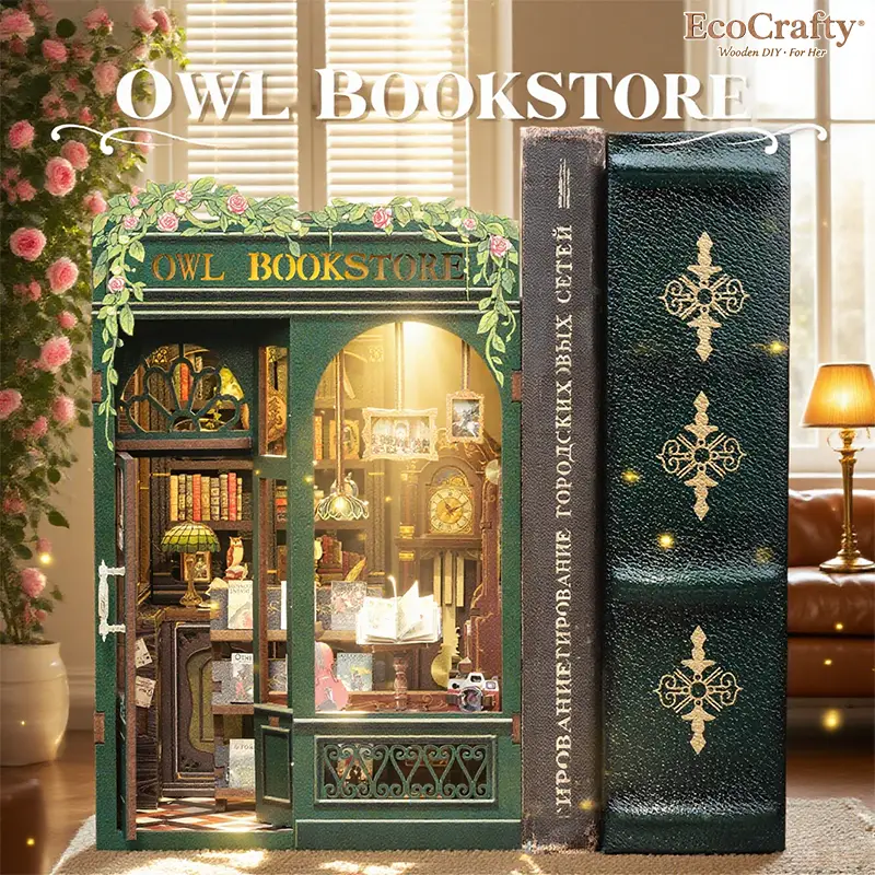 EcoCrafty Owl Bookstore DIY Miniature Booknook Wooden Furniture Kit for Adults Teens with Touch Switch & Soft Lighting Perfect Decorative Display Gift