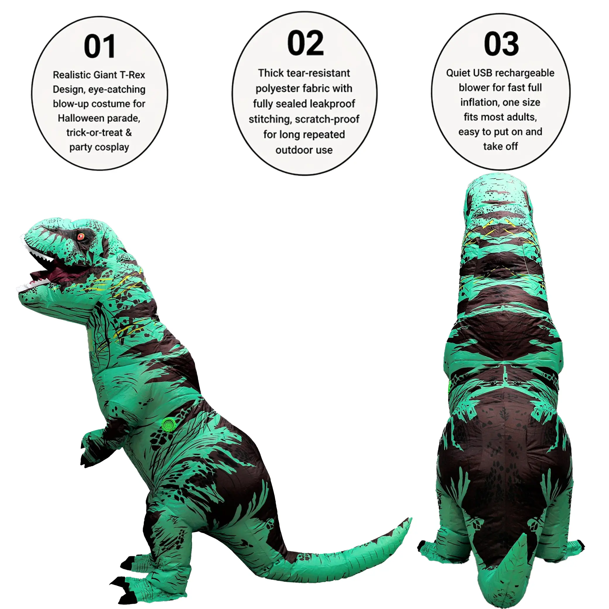 Green T-Rex Inflatable Costume for Adults, Realistic Dinosaur Blow Up Cosplay Suit, Tear Resistant Polyester with Leakproof Stitching, Quiet USB Rechargeable Blower Included, Ideal for Halloween Parade, Trick-or-Treat & Backyard Costume Party