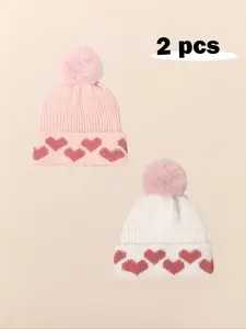 2pcs Baby Boys & Girls Newborn Toddler Pom-Pom Beanie, Cozy Knit Winter Warm Heart Design, Cute Babies Beanies Bonnet Hats for Kids, Hat Set
