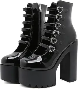 EROCALLI Women's Patent Leather Platform Chunky High Heel Goth Ankle Boots With Side Zipper Sexy Multi Love Buckle Straps Anti-slip Lug Sole Block Heel Y2K Punk Short Booties