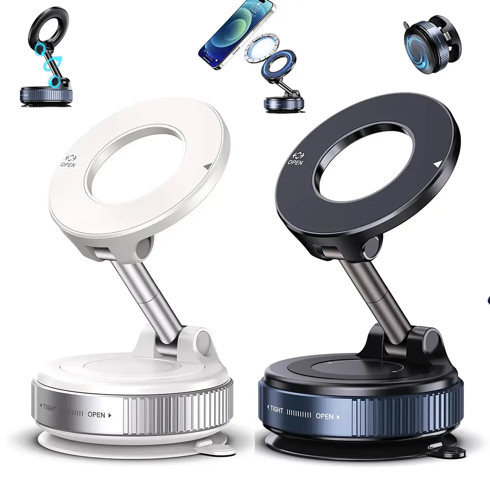 Upgraded Foldable Magnetic Car Phone Mount, Unpowered Vacuum Adsorption Holder, Dual Fixation Magnetic & Suction Design, 360° Rotation Adjustable Angle Silent Bracket for iPhone Android
