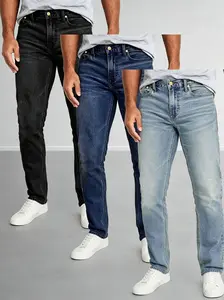Men’s stretch slim straight jeans, 3-pack; classic five-pocket design; premium denim fabric; stretchy and breathable, slimming fit; versatile straight cut for all seasons.