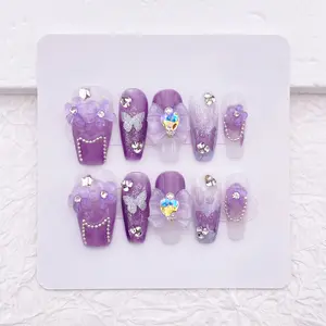 Handmade Flower Rhinestone Butterfly Press on Nails, Cute Kawaii Purple Fake Nails, Charm Birthday Party Prom Nails/Wedding Bridal Nails SML