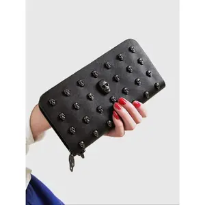 2026 NEW Halloween Black Skull Rivet Coin Wallet Punk Gothic Style Large Capacity Zipper Long Wristlet Wallet for Men Women Durable Travel Accessories TikTokShop