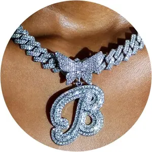 Women’s Cuban Link Chain with Cursive Sier Initial, 14 mm Diamond-Set Prongs, Hip-Hop Iced-Out Style; Butterfly Initial/Letter Name Necklaces for Women