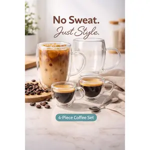 Classic Double Wall Glass Coffee Starter Set – Insulated Mugs & Espresso Cups (No Sweat)