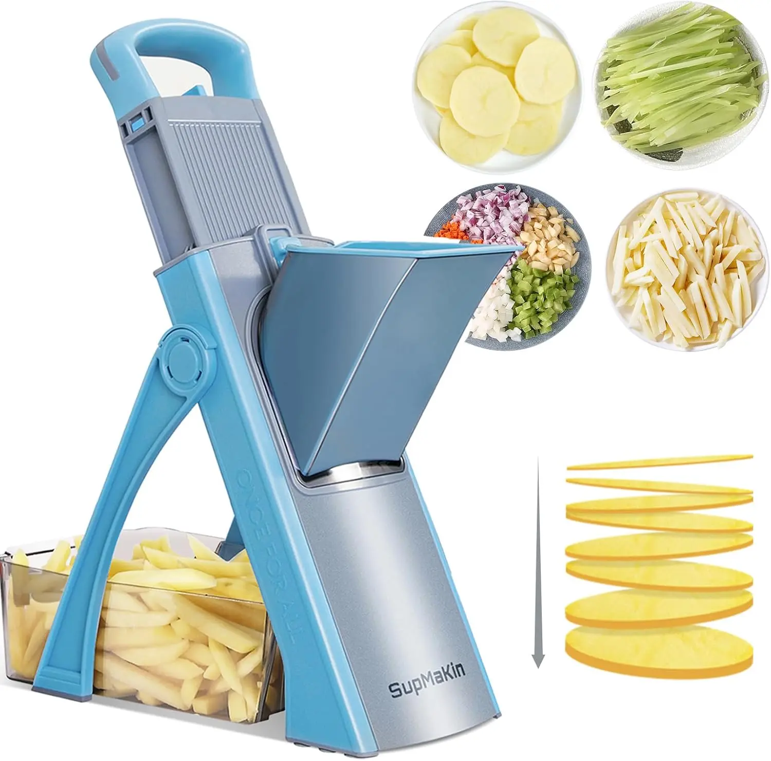 SupMaKin Upgrade Safe Stainless Steel Mandoline Slicer Plus - Larger Size, Adjustable Home Cooking Utensil, Collapsible Potato Fries Cutter, Detachable Blade, Kitchen Chopping Tool (Sky Blue)