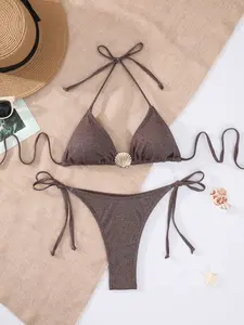 Women's New Sexy Shell Bikini Set, Fine Sparkle Halter Tie Triangle Swimsuit, Perfect for Beach and Poolside, Triangle Bikini Top, Halter Bikini Sets