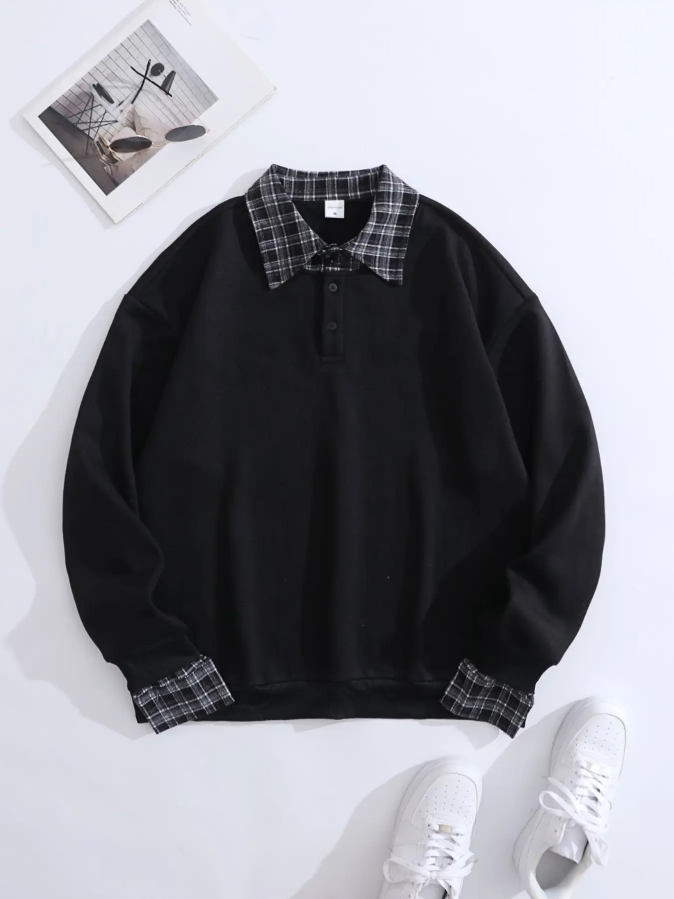 Vintage Plaid Collar Fake Two-Piece Sweatshirt, Retro Style Henley Pullover, Men's Casual Fit Streetwear Long Sleeve Top, Casual Fashion Loose, Comfortable and Stylish