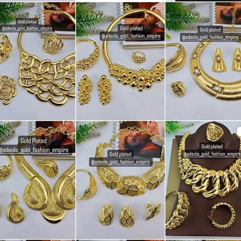 Trendy Gold Plated Necklace, Earrings, Bangle and Ring Sets, Trendy Fashion African Choker Necklace, Earrings, Bangle & Rings Sets for Wedding - Beautiful Bridal Jewellery Sets for Special Occasions