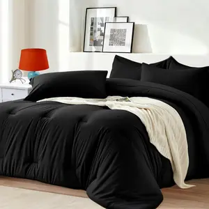 Set 7 Piece - Black Soft Bed in a Bag Queen Size Comforter Sets, Cozy Luxury Bedding Sets with Down Alternative Comforter, Flat Sheet, Fitted Sheet, 2 Pill